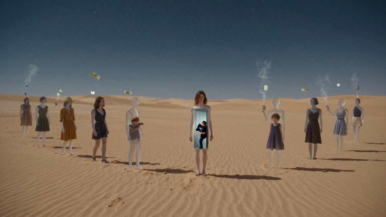 A glass woman stands in a desert, her body revealing fragmented scenes of loneliness and hidden pain within her form.