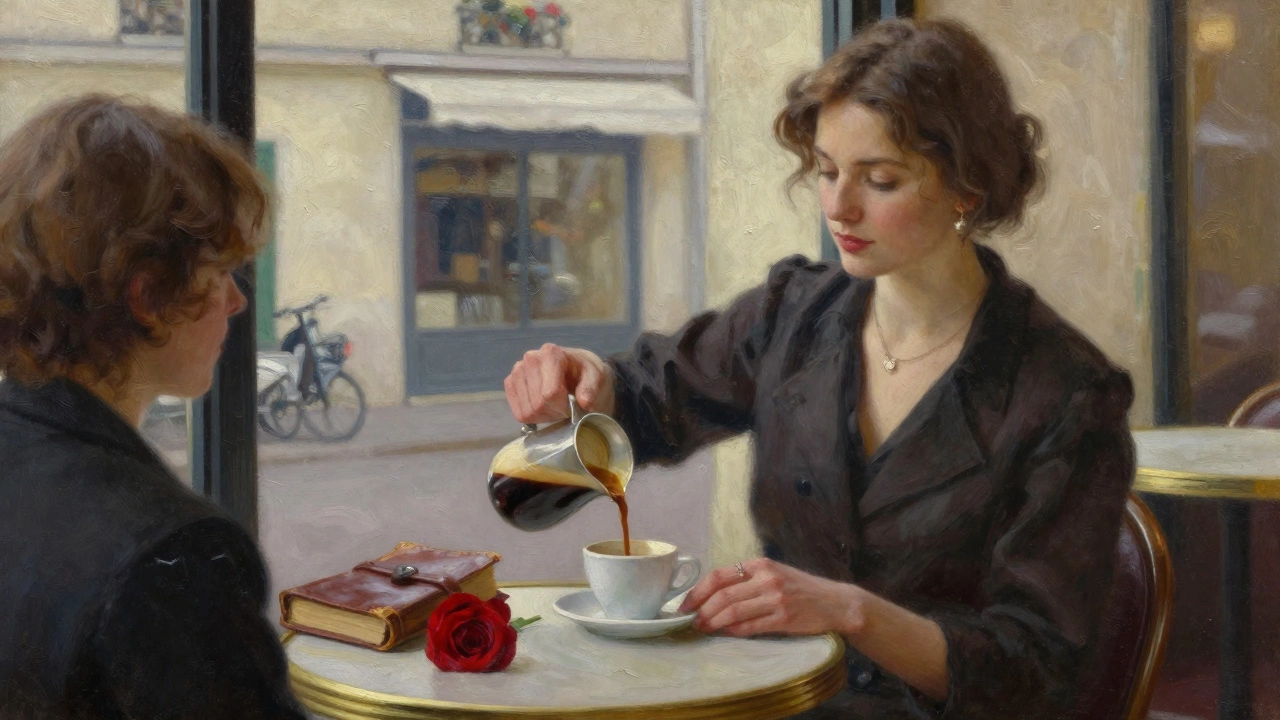 A woman pouring espresso at a Montmartre café, a journal and rose beside her, radiating calm attention.