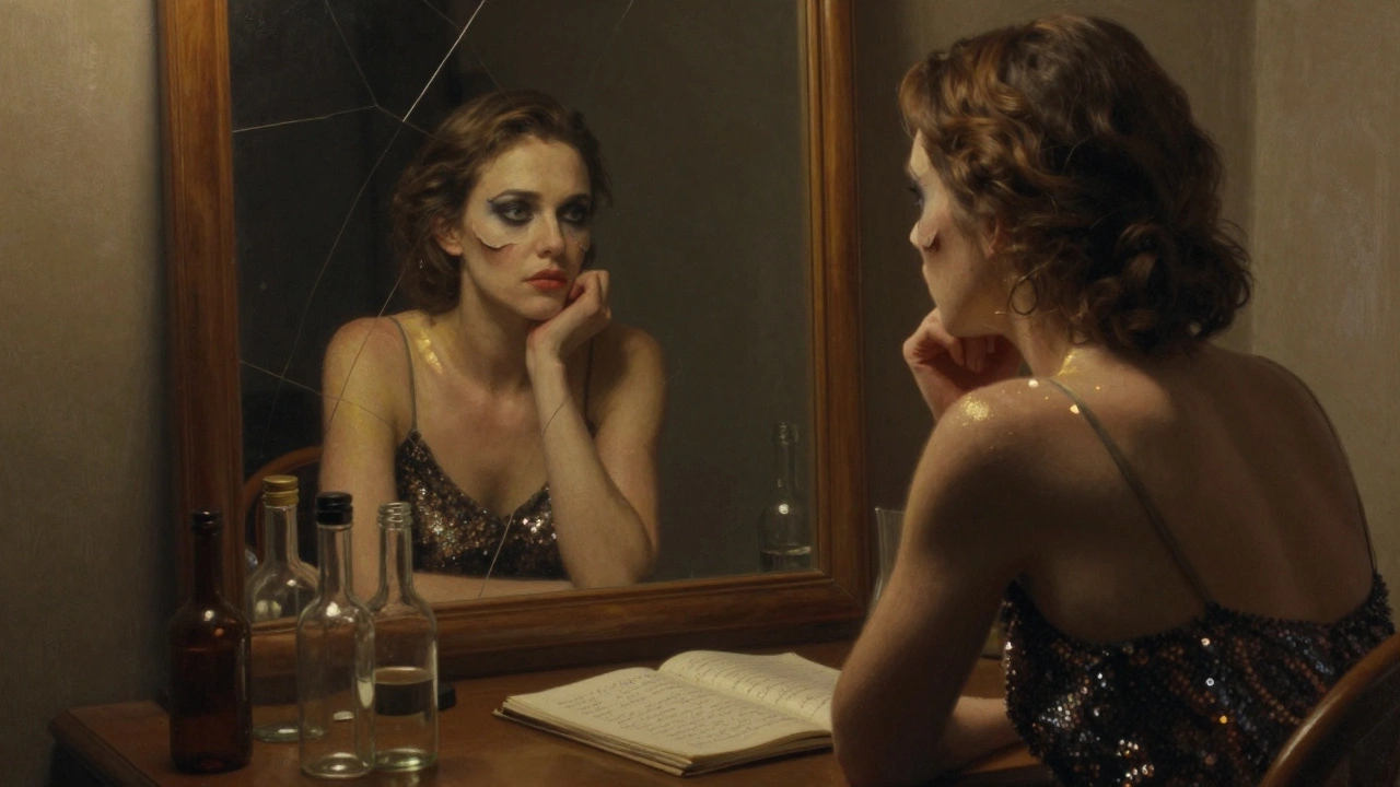 A woman sits before a mirror in a dim dressing room, makeup half-removed, a notebook with handwritten words beside her.